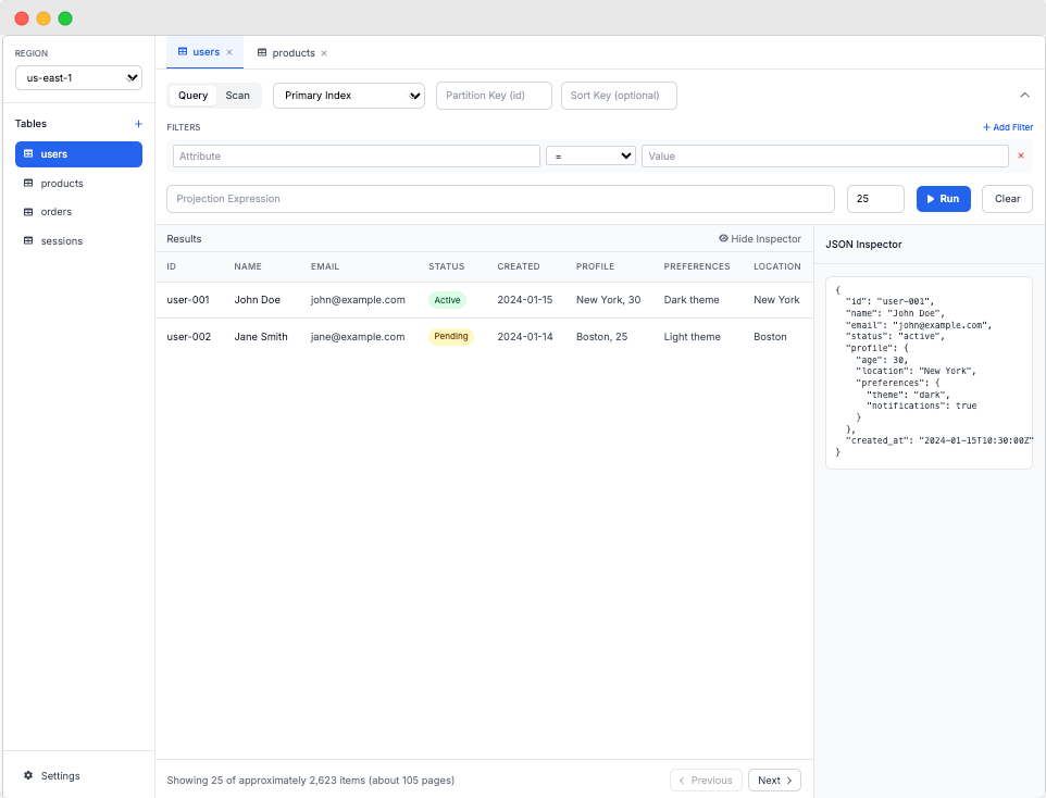 DynamoExplorer application screenshot showing the main interface with sidebar, table view, and query builder